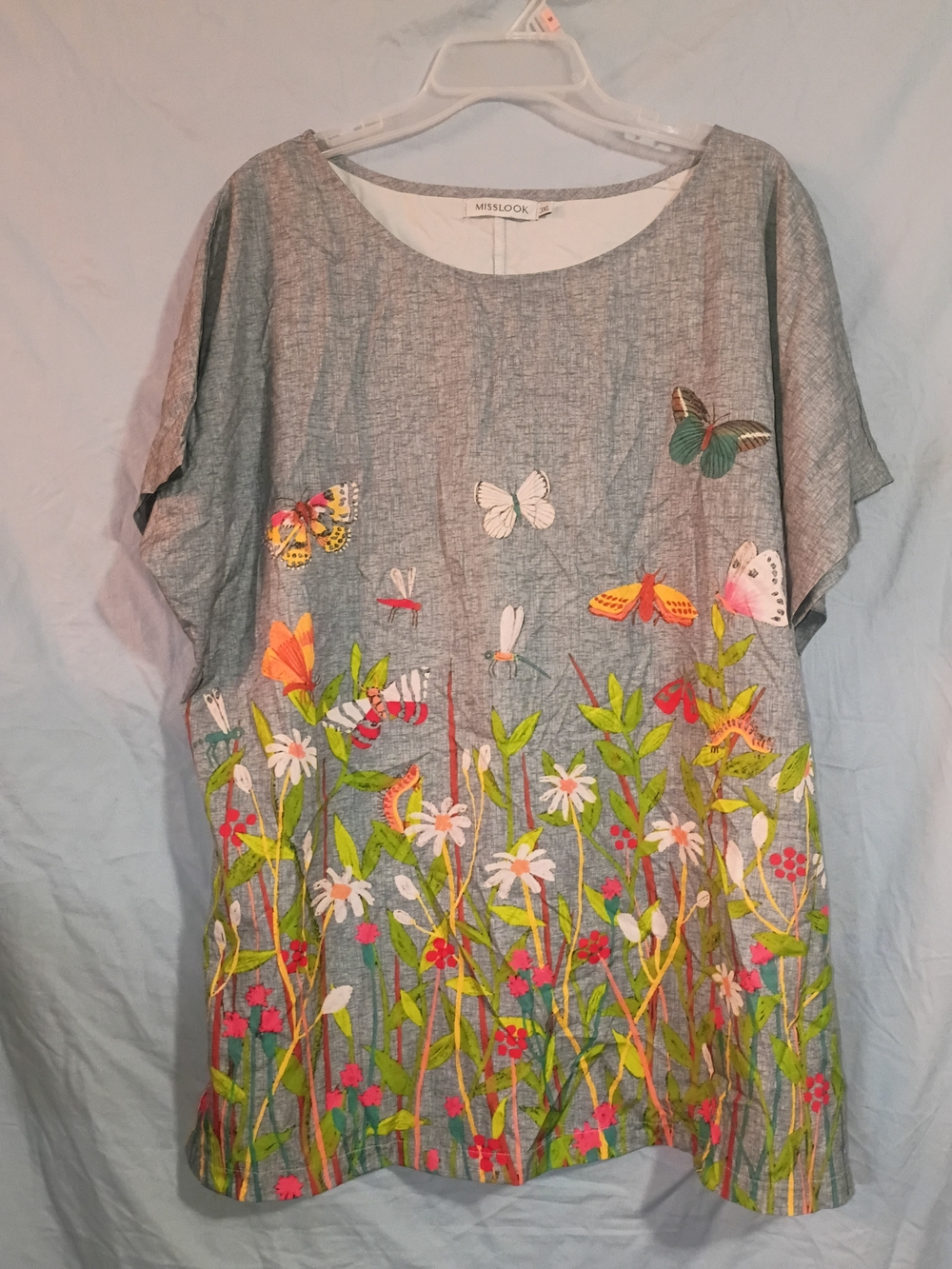MISSLOOK Gray Tunic with Colorful Floral & Butterfly Embroidery